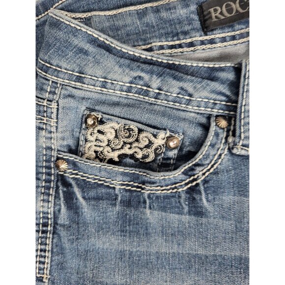 (2) Rockin Denim Jeans Womens (6) Bootcut Stretch Cowgirl Wing Embroidery Bling - Picture 8 of 15